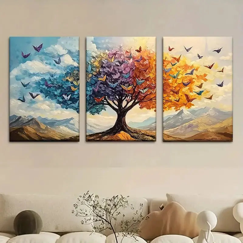 3 Piece Tree & Butterfly Wall Art – Wooden Sticky Tile Frames with Self-Adhesive Tape Decor By Choice