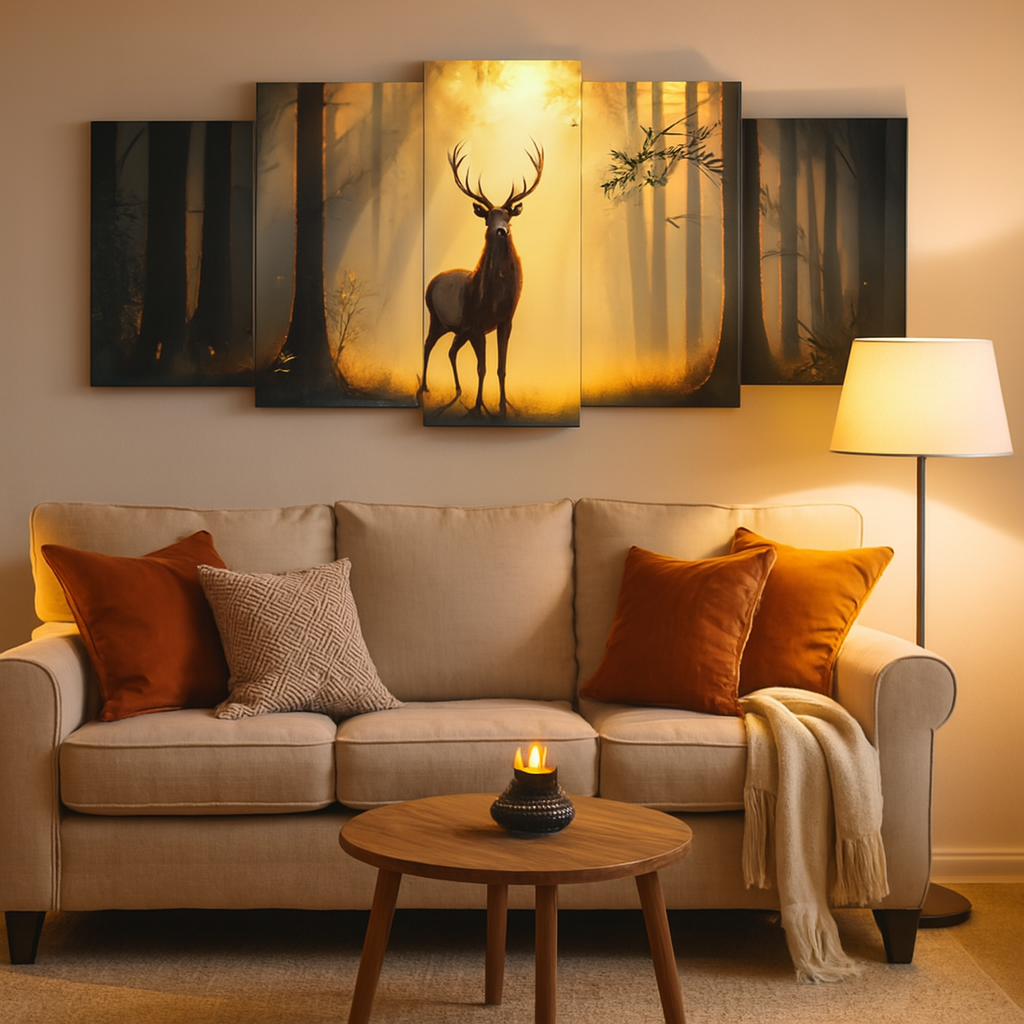 5-Piece Wooden Wall Frame – Deer in Forest Sunset Design | 16x40 Inch | Sticky Tiles|