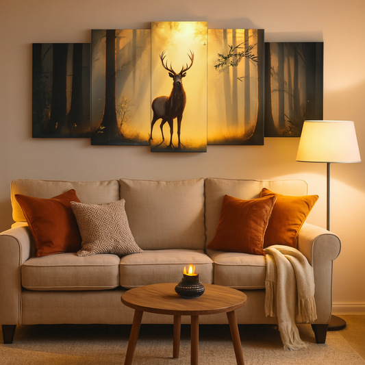 5-Piece Wooden Wall Frame – Deer in Forest Sunset Design | 16x40 Inch | Sticky Tiles|
