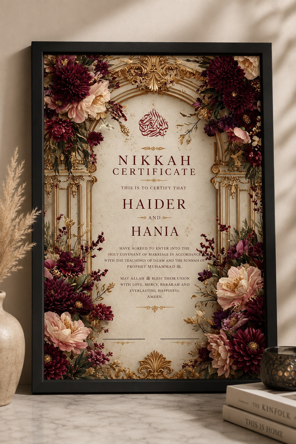 Personalised Nikkah Certificate | Custom Islamic Marriage Contract Decor By Choice