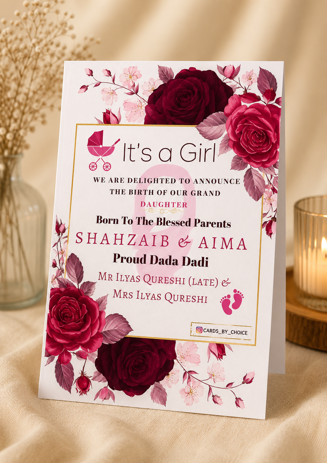 Personalised Baby Girl Announcement Cards | Custom Birth Announcement Decor By Choice