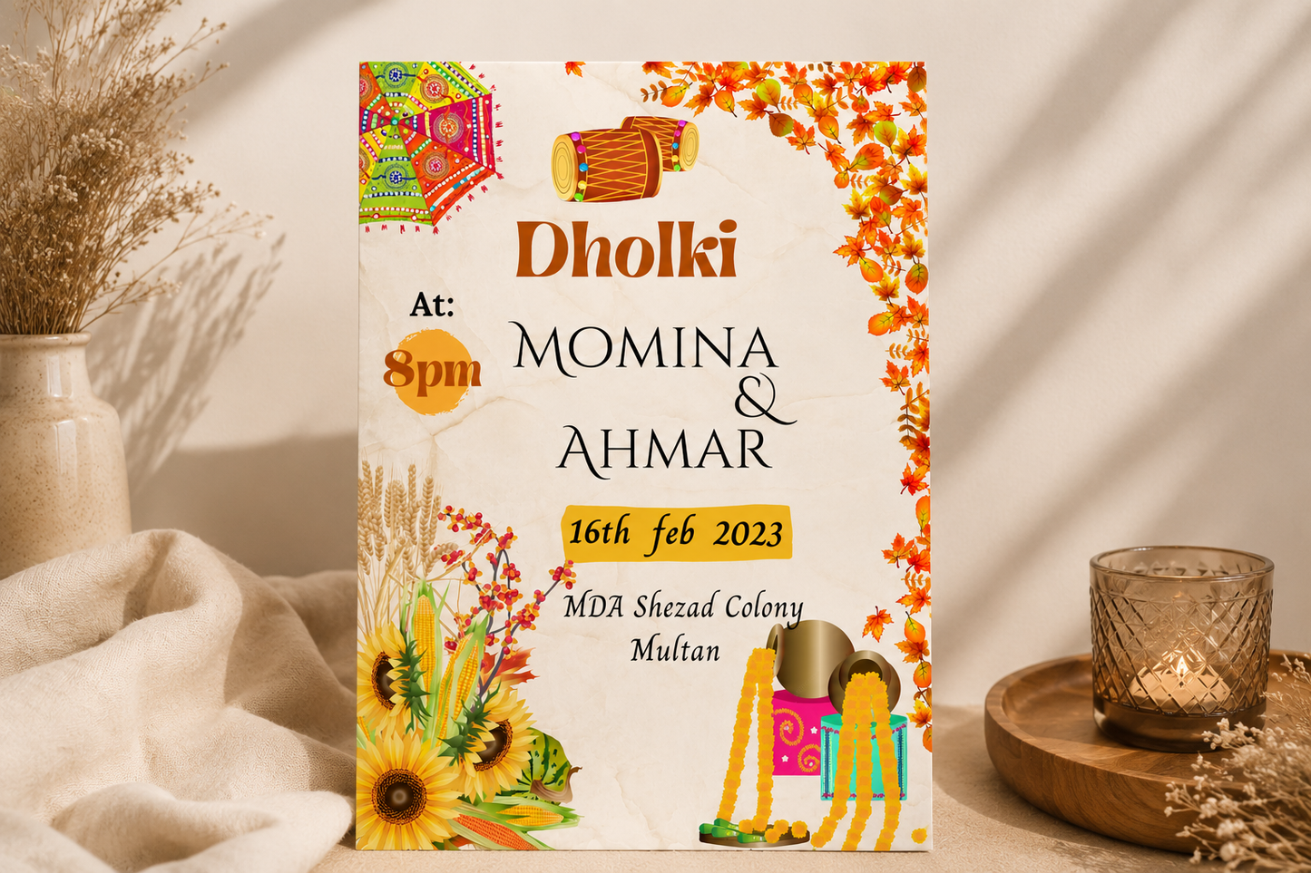 Personalised Dholki Invitation | Custom Pakistani Wedding Event Card Decor By Choice