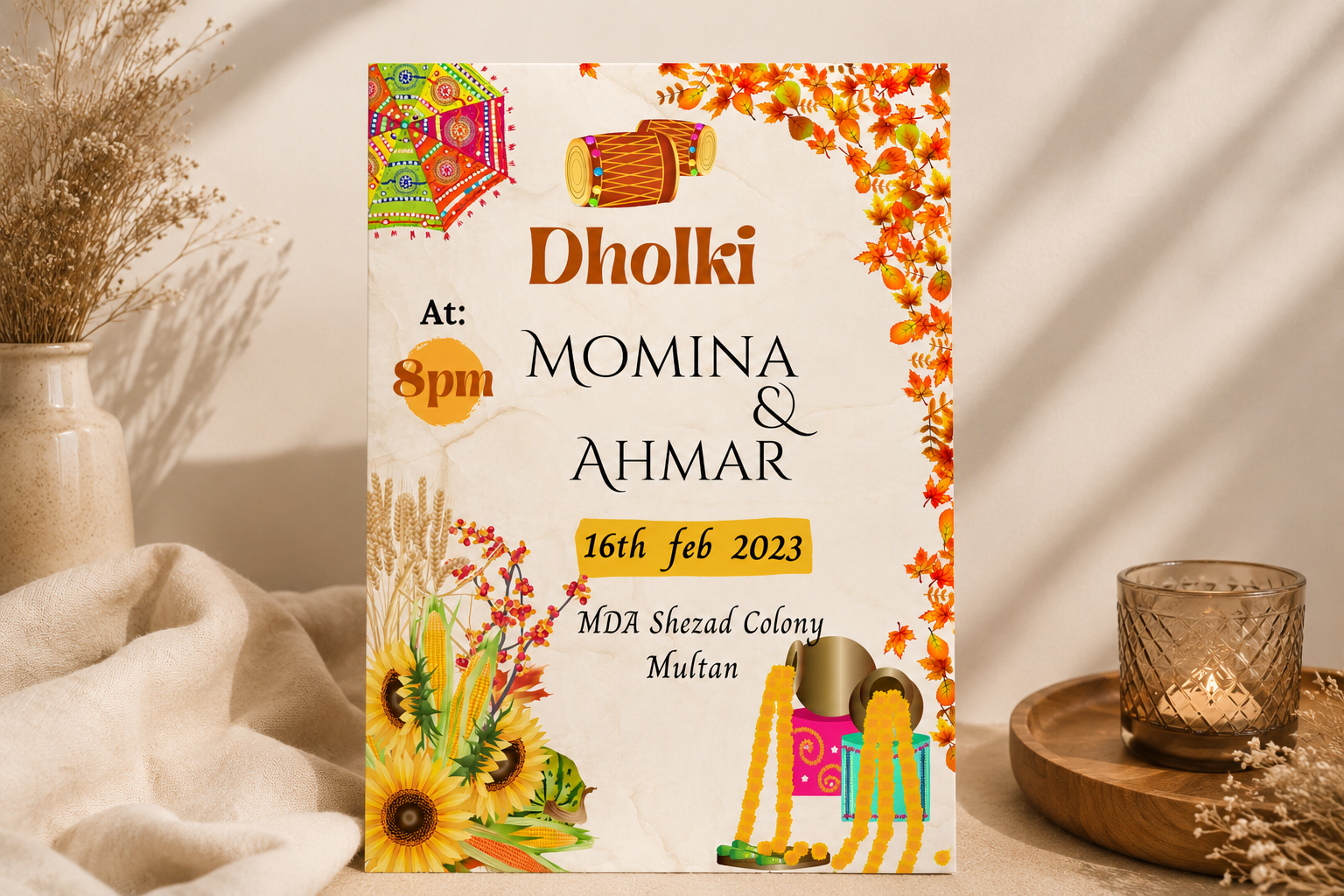 Personalised Dholki Invitation | Custom Pakistani Wedding Event Card Decor By Choice