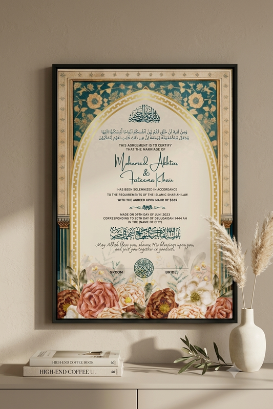 Personalised Nikkah Certificate – Custom  Marriage Contract framed wedding keepsake Decor By Choice