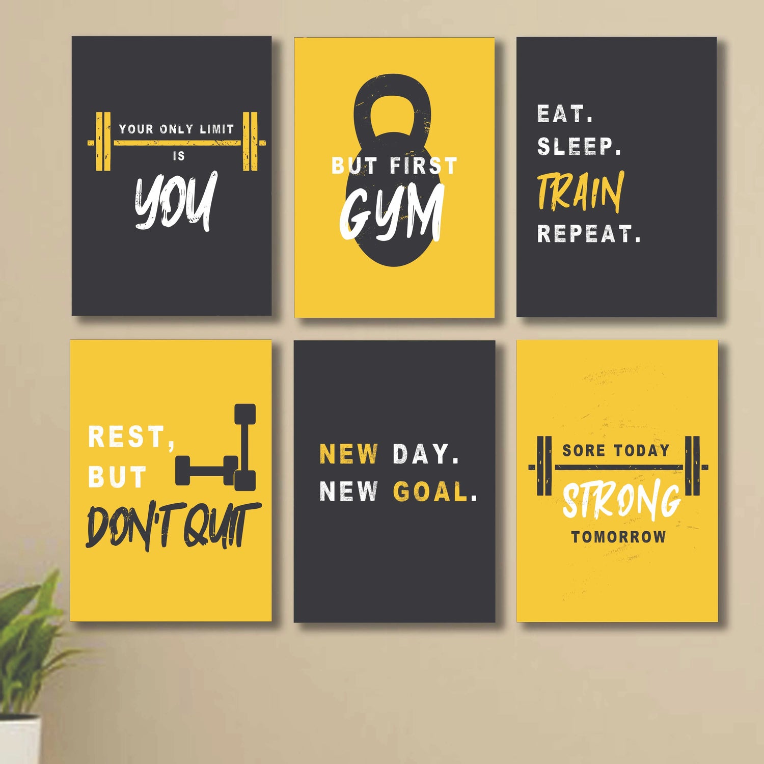 Set of 6 Wall Art Gym Motivation Wooden Phototile Frames for Wall Decor Decor By Choice