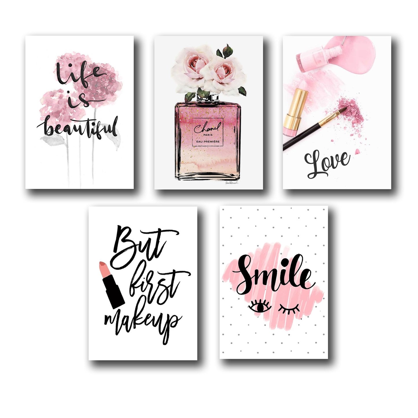 Set of 5 Makeup Themed Girls' Room decor wall art wooden sticky Phototile frames