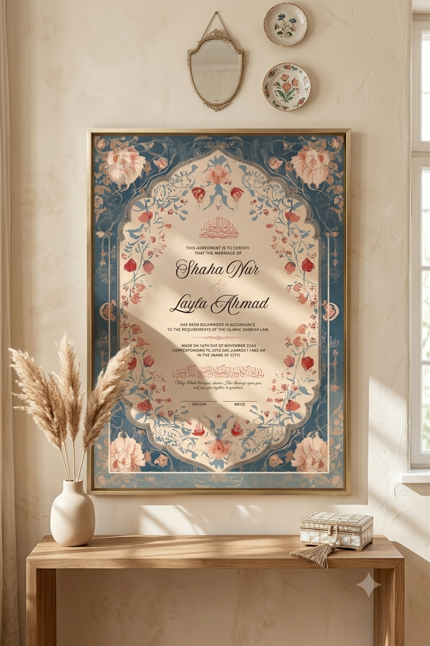 Personalised Nikkah Certificate | Custom Islamic Marriage Contract Decor By Choice